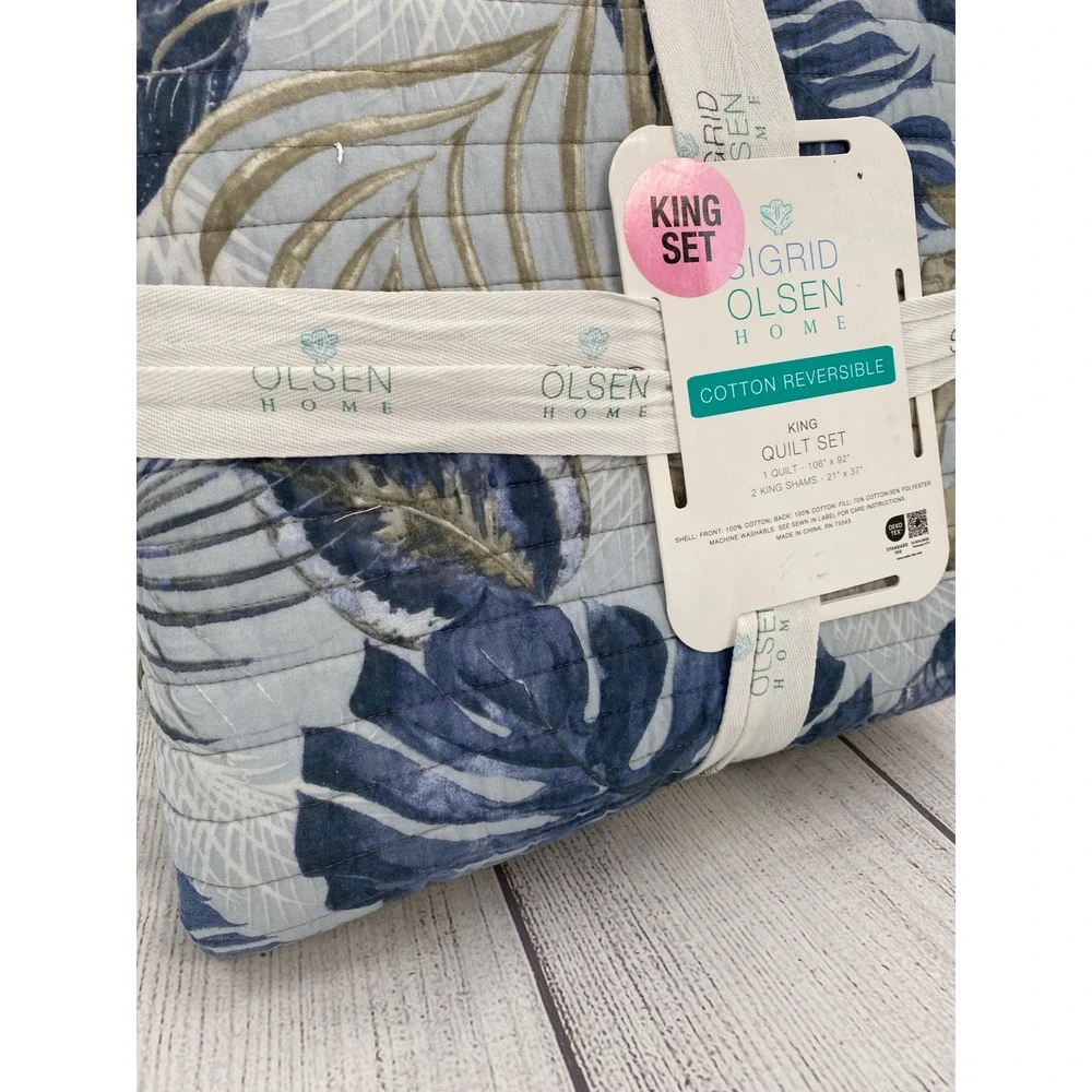 Sigrid Olsen Home Quilt Set King Blue Tropical Leaf Reversible Cotton Botanical - Picture 10 of 11